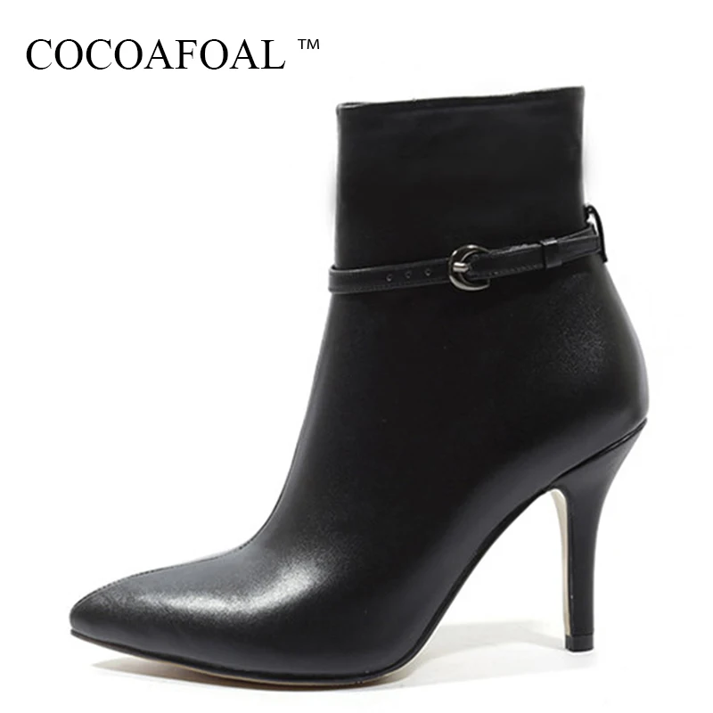 

COCOAFOAL Woman Winter High Heeled Ankle Boots Plus Size 33 Genuine Leather Pointed Toe Chelsea Boots Fashion Black Martin Boots