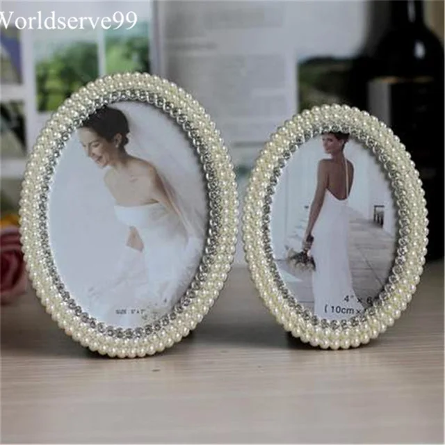 Oval Pearl Rhinestone Wedding Photo Frames Alloy Home Decor Bridal Baby