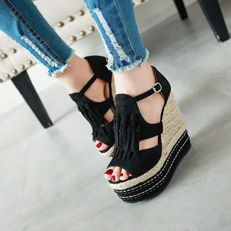Summer Style Women Wedge Sandals Fashion Tassel Open Toe Platform High Heels Women Sandals Ankle Strap Black Ladies Casual Shoes (26)