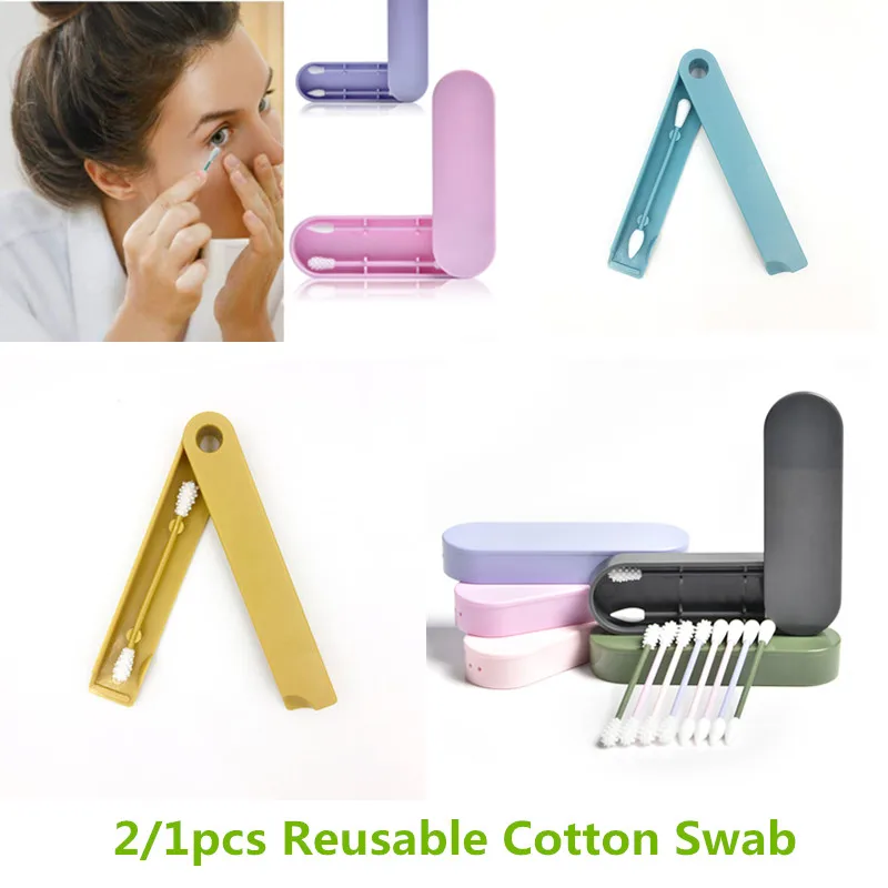 

2/1Pcs Cotton Swab with Box Reusable Eco-friendly Ear Cleaning Cosmetic tool Washable Cotton Buds Silicone Swabs Makeup Tool
