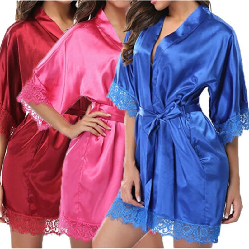 

2019 Summer Sexy Women's Ladies Bride Robes Kimono Robe Satin Silk Lace Night Wear Gown Sleepwear
