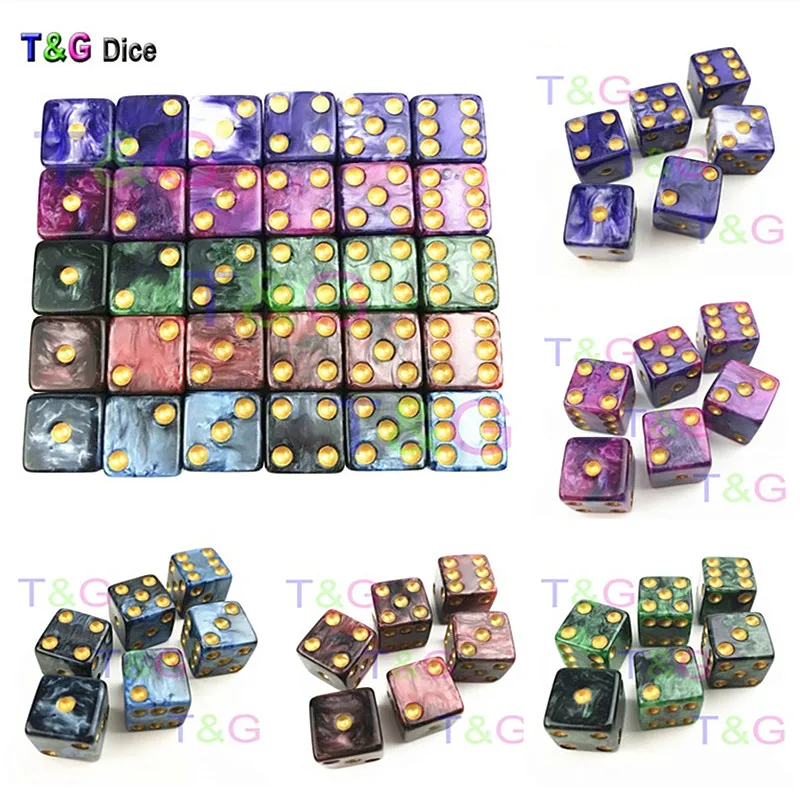 T& G Туманность эффект с золотым Стандартный горошек игральные кости DND набор из 6 шт./компл. 16 мм шесть сторонняя смешанные Цвет для Настольная игра, в качестве подарка