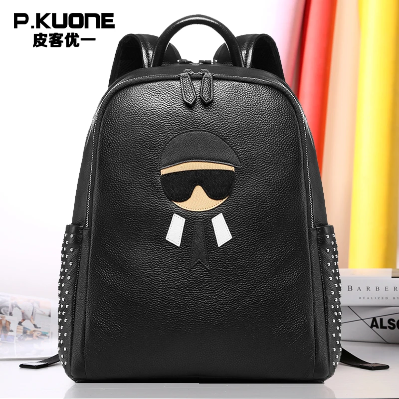 

P.KUONE Designer Genuine Leather Deminine Backpacks Women Luxury Brand Shoulder Bag Travel Male School Bag For Teenagers Girls
