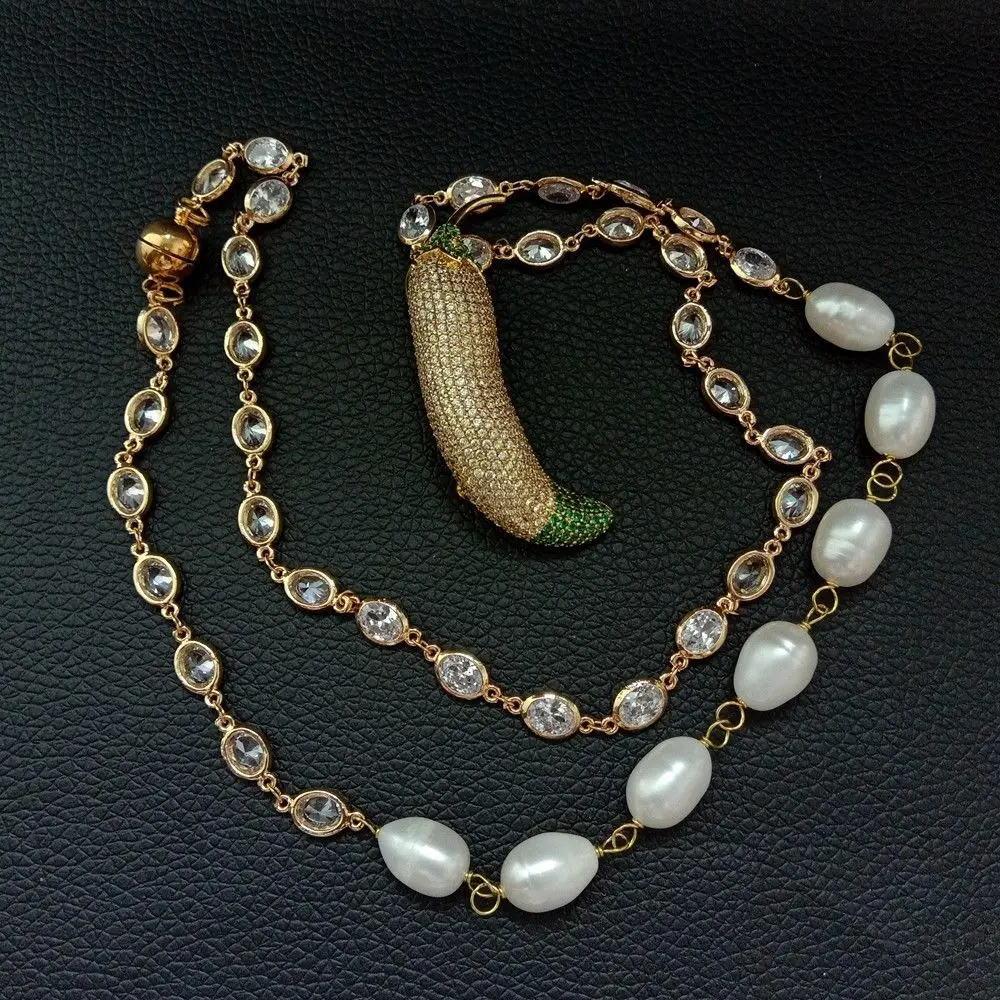 26 ''белый жемчуг в форме риса цепи ожерелье Cz мелонгена кулон