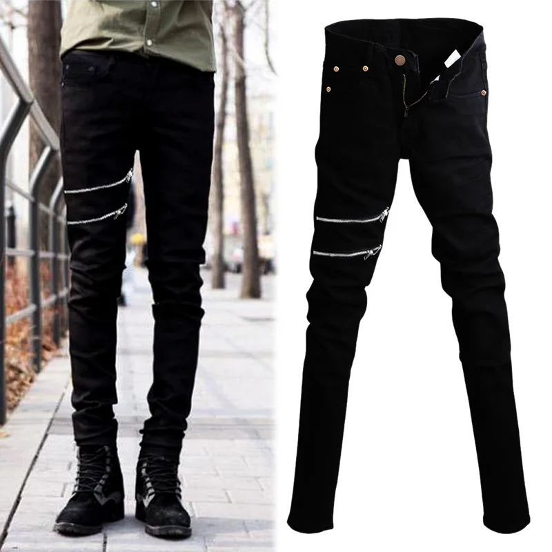 Men Biker Denim Jeans Zipper Ripped 