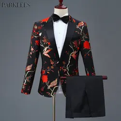 Стильный вышивка платье с цветочным рисунком костюм для мужчин Slim Fit одна кнопка мужские костюмы с брюками сценический для певца свадебные