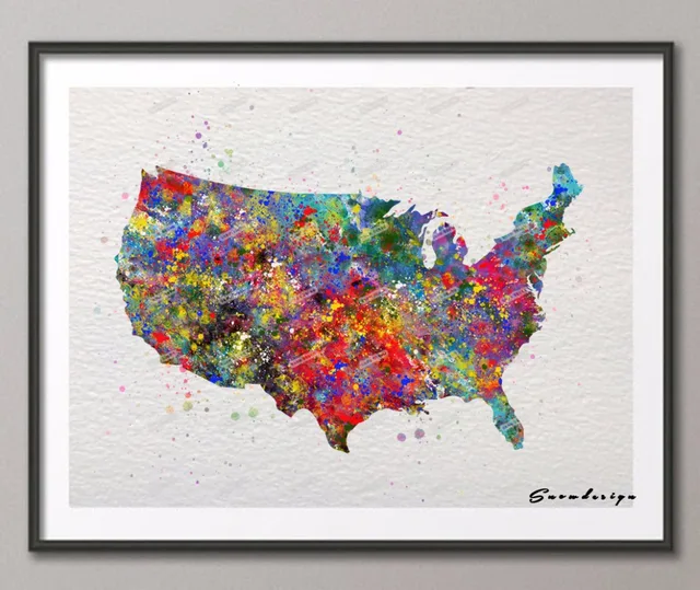 Original Watercolor United States map wall art canvas painting poster