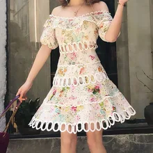 Sexy off shoulder hollow out dress New 2019 summer floral print beach style dress A059 off shoulder random floral print dress in pink