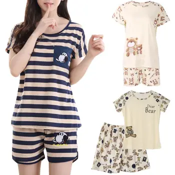 

Women Cartoon Pajamas Short Sleeve Cotton Pyjamas Set Home Nightwear Sleepsuit
