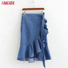 Tangada Мода Женская винтажная джинсовая юбка с поясом оборки Ретро плиссированные синие юбки faldas mujer 1D422