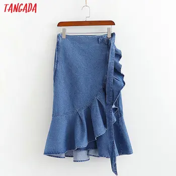 

Tangada fashion 2019 women vintage denim skirt sashes ruffles retro pleated blue skirts faldas mujer 1D422