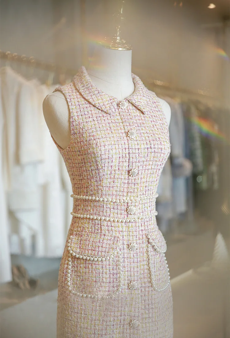 CHICATWILL, новинка, элегантное женское платье для офиса, розовое твидовое платье, украшенное жемчугом, пуговицы, французский стиль, женские платья для работы