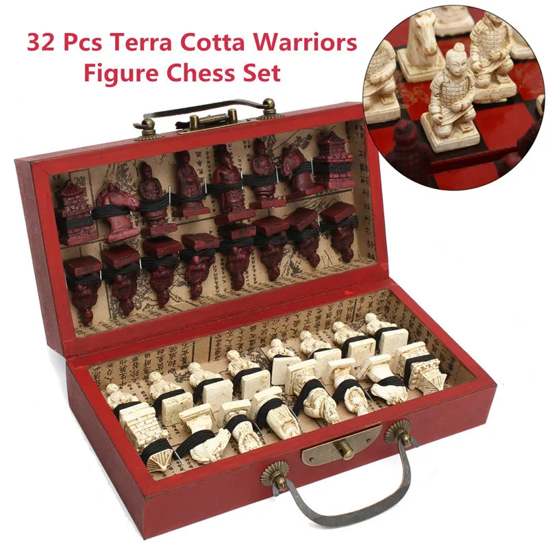 

Newest Chinese Wood Leather Box With 32 Pieces Terra Cotta Figure Chess Set Entertainment Checkers Chess Traditional Games