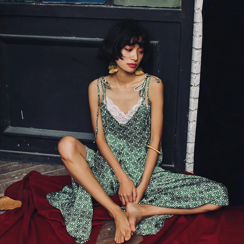 

2019 spring summer original design vintage jumpsuit,holiday beach style green geometric pattern irregular jumpsuits