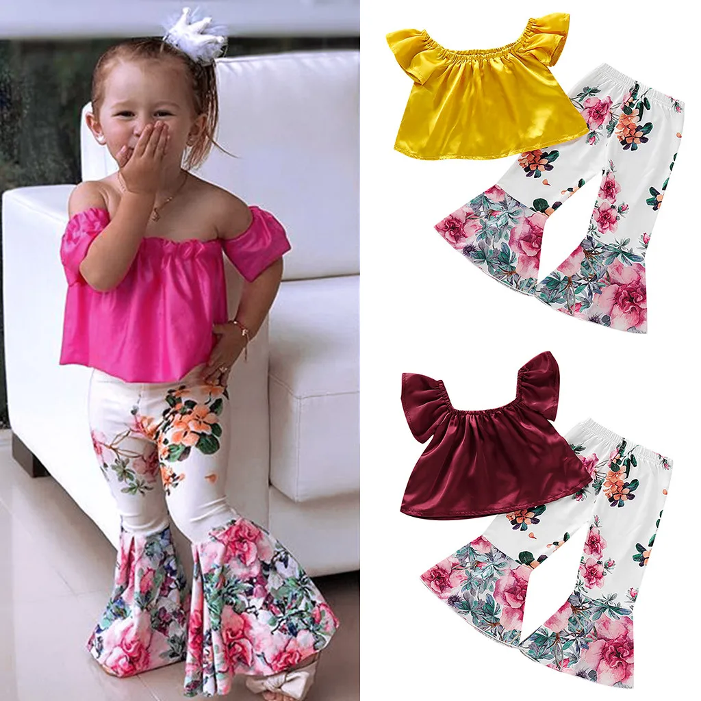 

2Pcs Toddler Baby Kids Girls Solid Off Shoulder Tops+Floral Pants Set Outfits