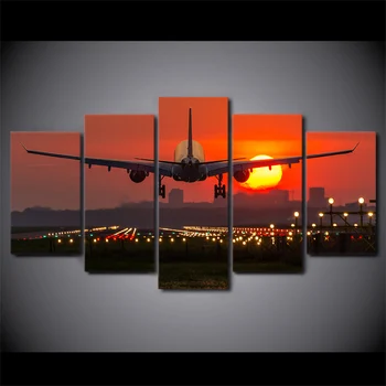 

5 Piece HD Printed Airplane Red Sunset Framed Wall Picture Art Poster Painting On Canvas For Living Room Espejos Decorativo