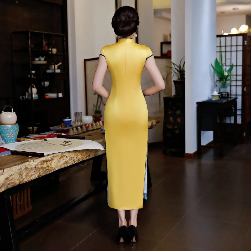 Chino tradicional dama largo Cheongsam seda de las mujeres de verano vestido de baile vestido M-3XL - 3