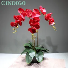 Индиго-красные орхидеи(3 цветка+ 3 листа) реальное касание цветок Аранжировка цветок Свадебная вечеринка декоративное мероприятие
