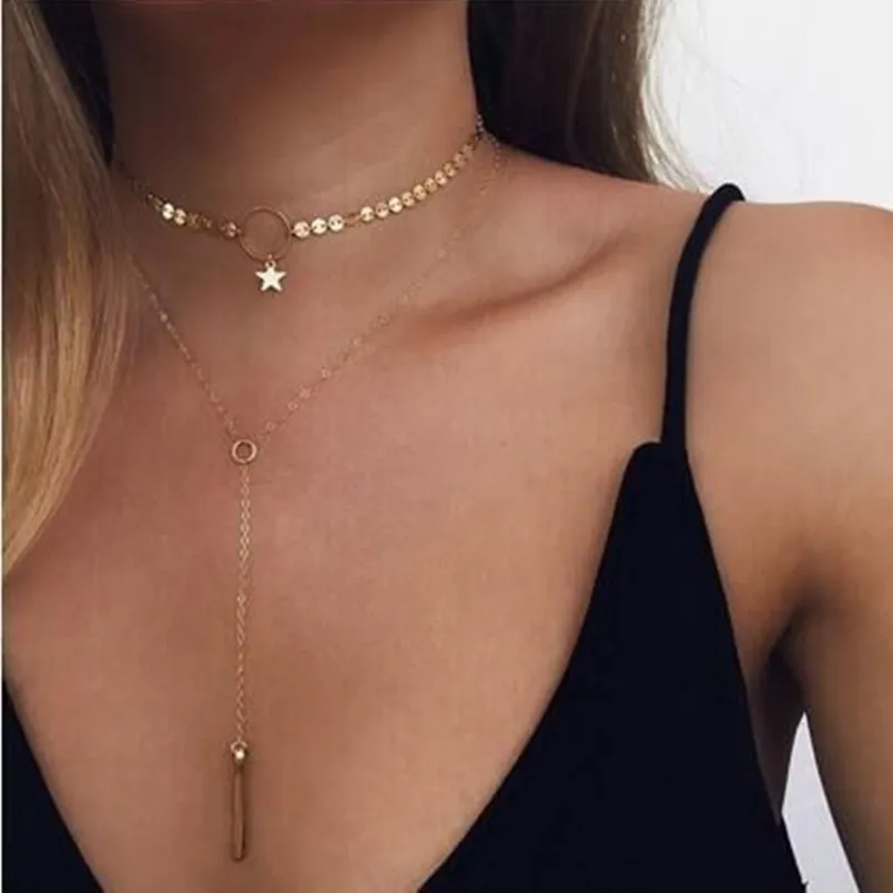 

Fashion multilayer chain long necklaces & pendants metal sequins simple maxi necklace colar for women collier YWHS1001