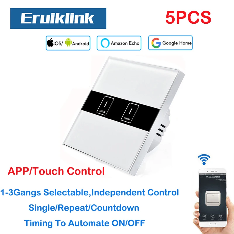 

5PCS EU Standard Eruiklink 2 Gang Wifi Control Switch via Android, Wireless Control Light Touch Wall Switch for Smart Homne