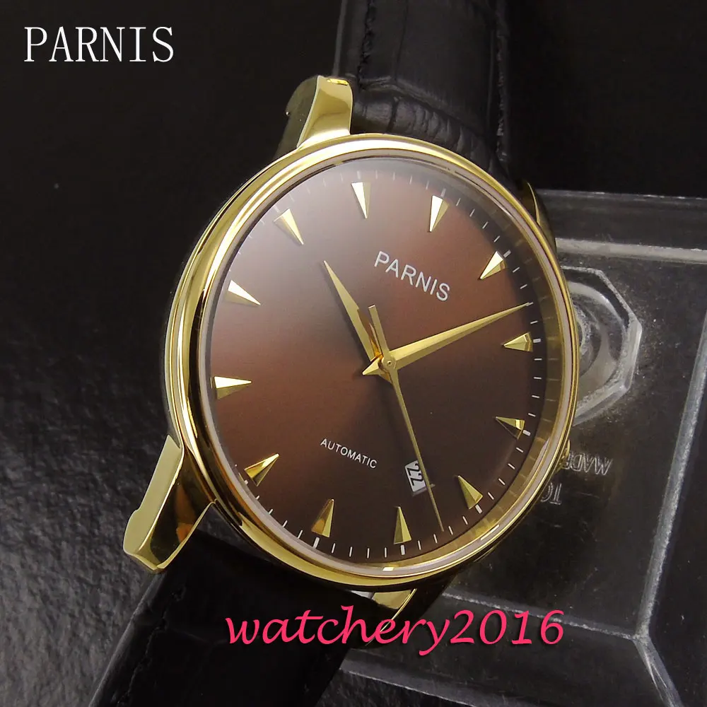 

38mm Parnis brown dial yellow golden markers date window sapphire glass automatic Movement Men's watch