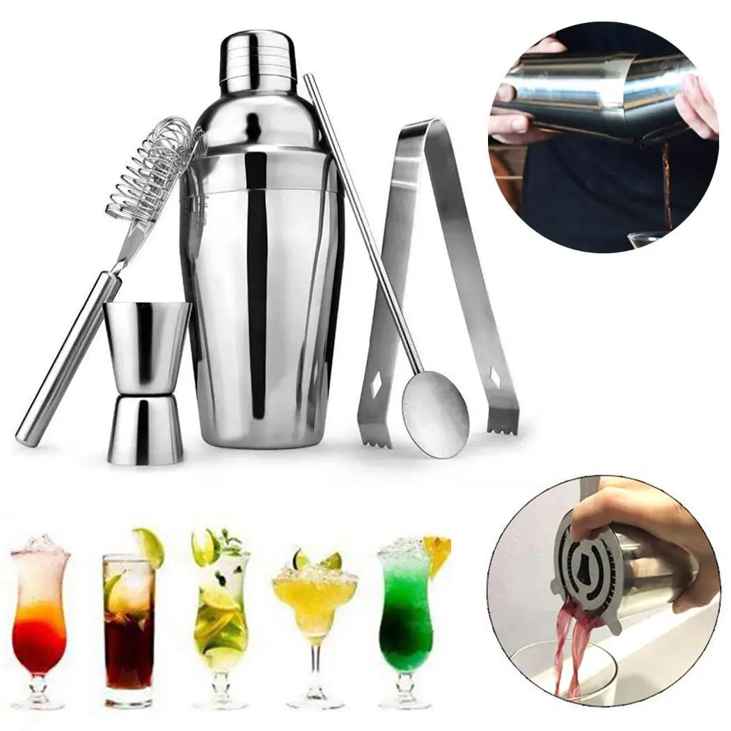 

550ML Cocktail Shaker Set 5pcs Cocktail Snow Kettle Pot Silver 1kg Bartending Kit Tool