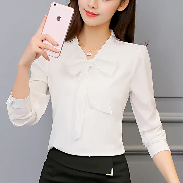 

White Red Blue Women Shirts 2019 Spring Summer Blouse New Sweet Fashion Plus Size Women's Casual Slim Long Sleeve Shirt Bow Tops