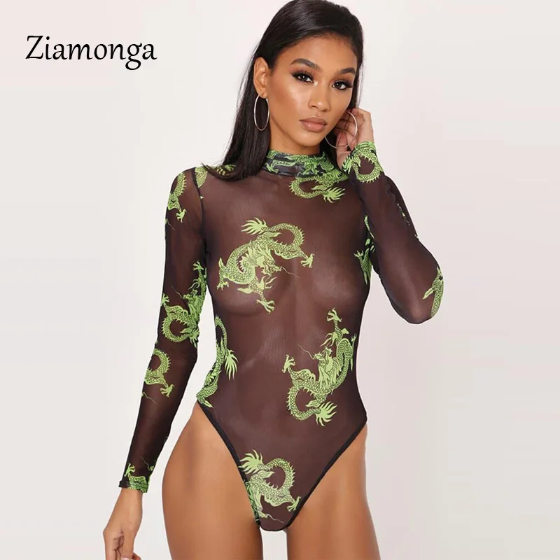 Ziamonga, цветочный принт, открытая сетка, боди, женский сексуальный костюм, топы, водолазка, длинный рукав, боди, осень, черный комбинезон
