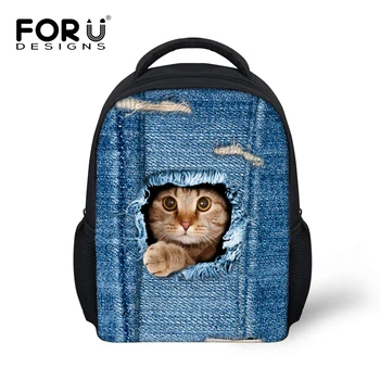 

FORUDESIGNS 3D Print Jeans Pocket Cat Dog School Bags Kids Preppy Style Casual Student Bags Children Book Bags for Kids
