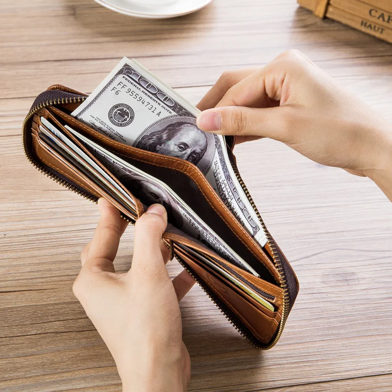 Genuine Leather Men's Wallets Small Coin Pocket Purse Retro Zipper Wallet Cowhide Leather Card Holder Pocket Purse Men Wallets