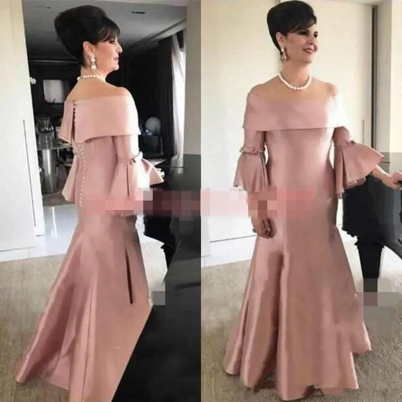 

Noble Satin vestido de madrinha boat neck Formal Dusty Pink Evening Party Wedding Guest Dress 2019 Mother Of The Bride Dresses