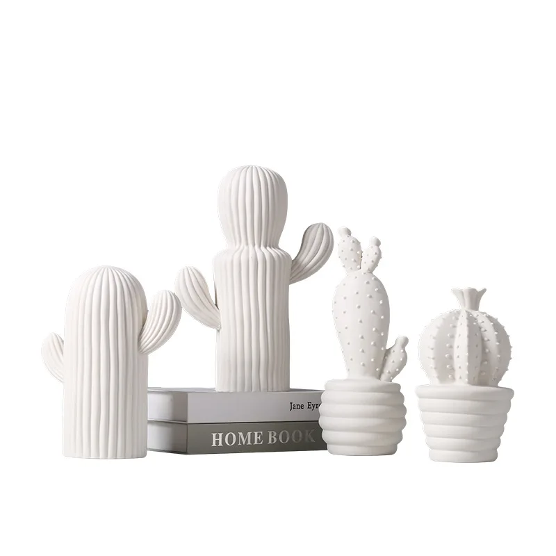 

INS Pastoral Decorative White Cactus Figurines Resin Simulation Plant Ornaments Home Office Computer Desktop Potted Decor Gifts