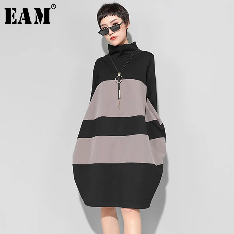 [EAM] 2020 New Spring Winter High Collar Long Sleeve Brief Pocket Striped Hit Color Loose Dress Wom