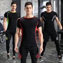 Комплект одежды из 3 предметов, летняя, Для мужчин спортивная одежда спортивный костюм эластичные Компрессионные Леггинсы Толстовка+ Штаны+ укороченные штаны для бега фитнес, тренажерный зал, комплект
