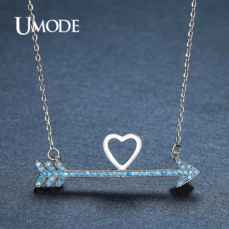 

UMODE Brand Design Charm Lake Blue Long Arrows Love Heart CZ Stone Pendant Necklaces for Women White Gold Color Pendulum UN0252B