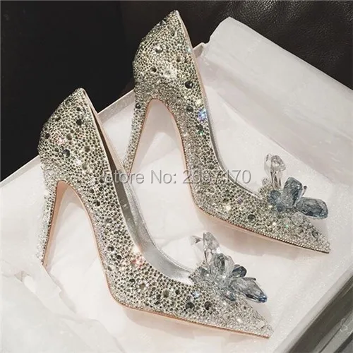 Zapatos de tac n alto con piedras brillantes para Mujer tacones de aguja de cristal puntiagudos sexys para novia