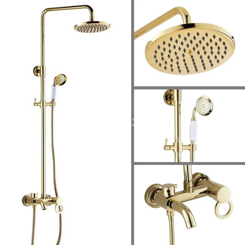 

Modern Gold Color Brass Wall Mounted Single Handle Bathroom 8" Rain Shower Faucet Set Mixer tap agf414