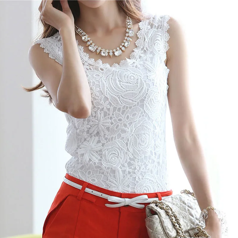 

2018 New Women Lace Vest Plus Size 4XLBasic Sleeveless Lace Tank Top Shirt Flower White Tops H0184