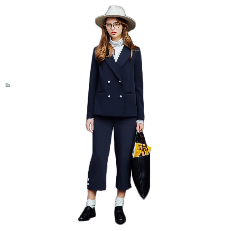 Image Moffi 2017 European Station Women s Long Sleeve Casual Suit Dark Blue OL Temperament Fashion Pant Suits With Notched Collar