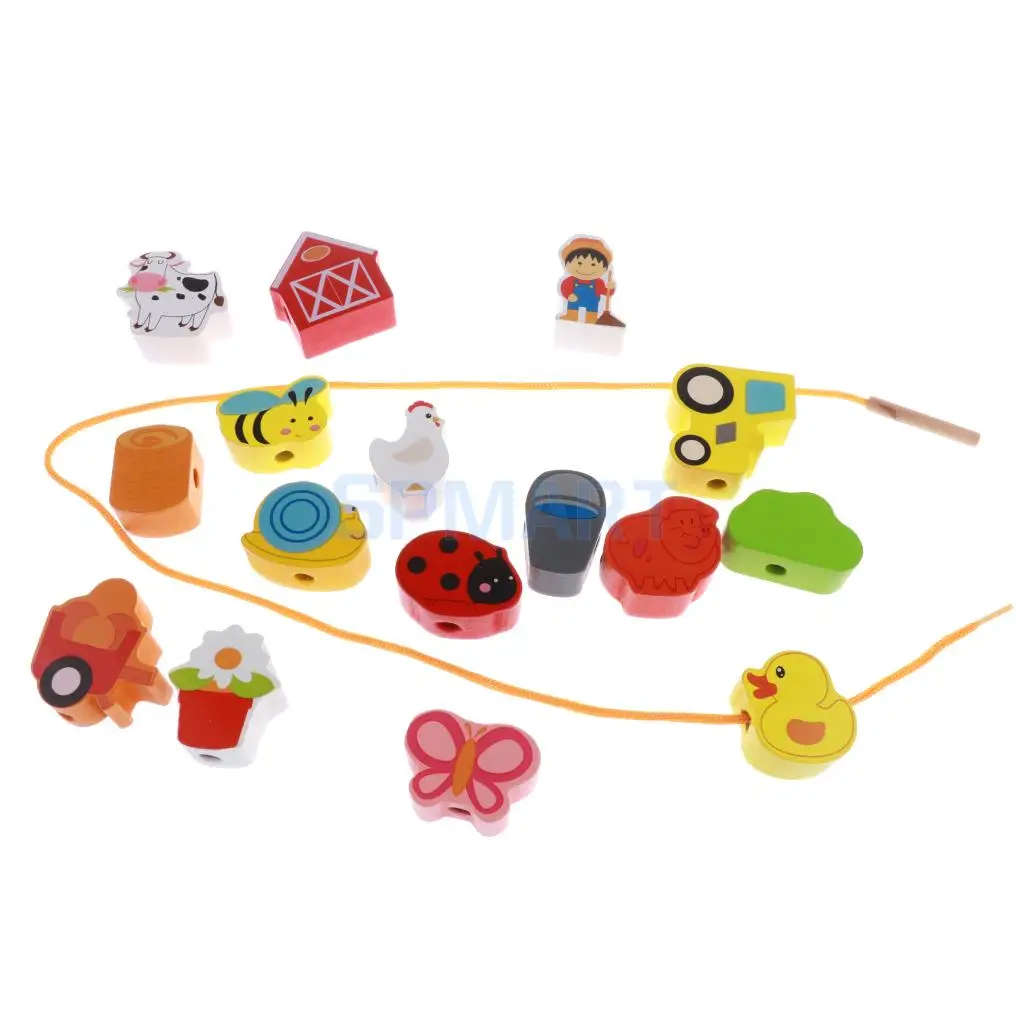Wooden Cartoon Threading Beads Lacing Game Kids Preschool Edutional Toys - People/City/Farm
