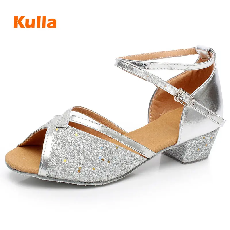 

Girl's Latin Dance Shoes Gold Silver Sequins Low-heeled Dance Shoes Women Ballroom Latin Shoes Children's Kids Salsa Dance Shoes
