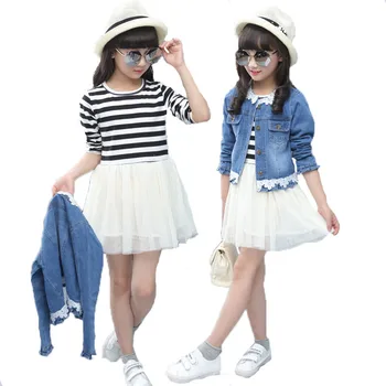 

Autumn Spring Fashion Girls Clothing Sets Kids Denim Coat Suit Jacket + Striped Tulle Dress 2PCS For 4 6 8 10 12 years