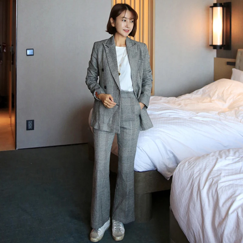 Vintage Plaid Thicken Women Pant Suits Double Breasted