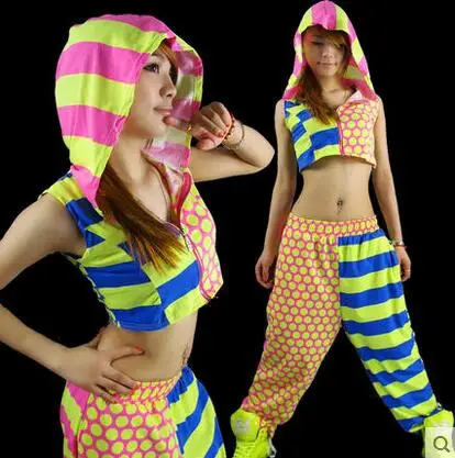 

New Fashion Brand Jazz harem Adult girl Neon color block ds clothes casual stripe dot printing performance wear hiphop dance Top