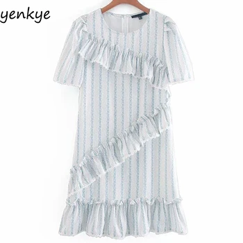 

Sweet Women Striped Ruffle Dress Elegant Lady Round Neck Short Sleeve Casual Summer Dress 2019 vestidos CCWM9293