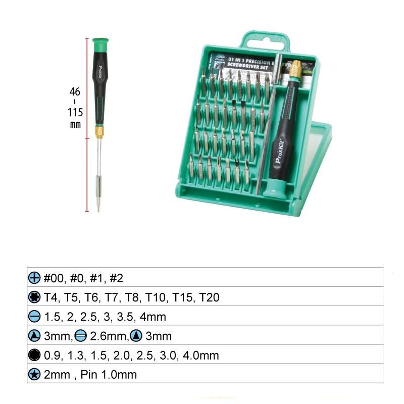 Pros'kit SD-9802 многофункциональная 31 в 1 компьютерная Прецизионная отвертка набор ремонтных инструментов разборка мобильного телефона