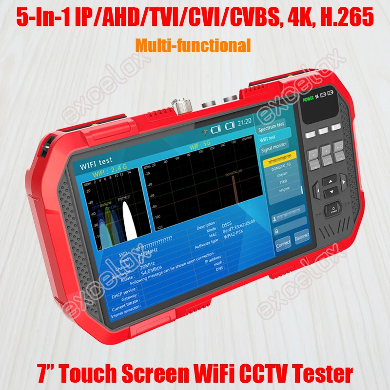 

Multi-functional 5-In-1 IP AHD TVI CVI CVBS Analog Camera CCTV Tester 7" Touch Screen 4K 8MP WiFi Air Spectrum ONVIF TDR Test