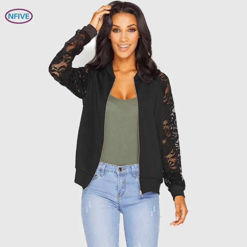 

NFIVE Brand 2018 Woman Solid Slim Jackets New Fashion Autumn Europe And America Long Sleeves Jacket Lace Patchwork Casual Coat