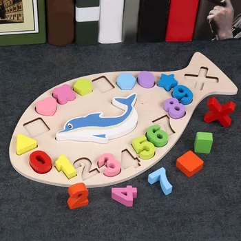 

Children's Early Puzzle Learning Enlightenment Number Small Fish Shape Pairing Puzzle Kindergarten Wooden Cognitive For kid gift
