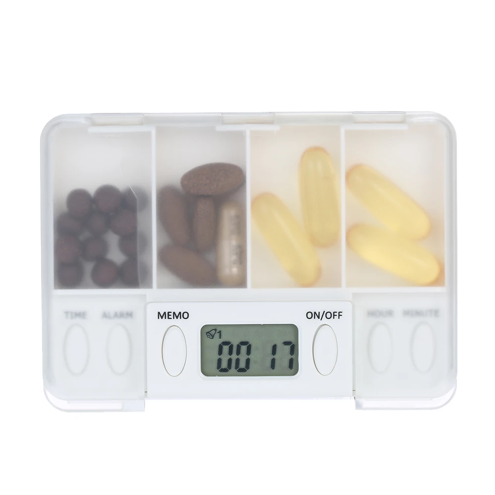 Medicine Box Organizer with Timer 4 Grid Pill Reminder Portable Pill